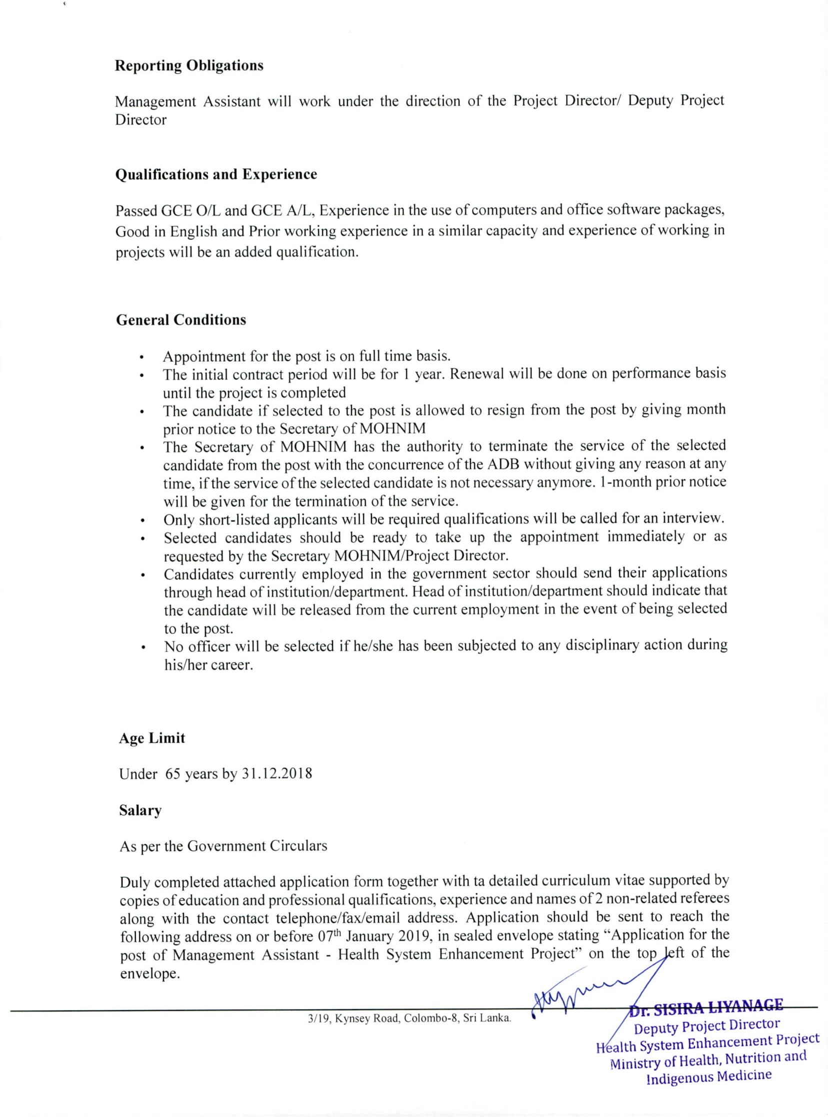Management Assistant - Ministry of Health, Nutrition & Indigenous Medicine